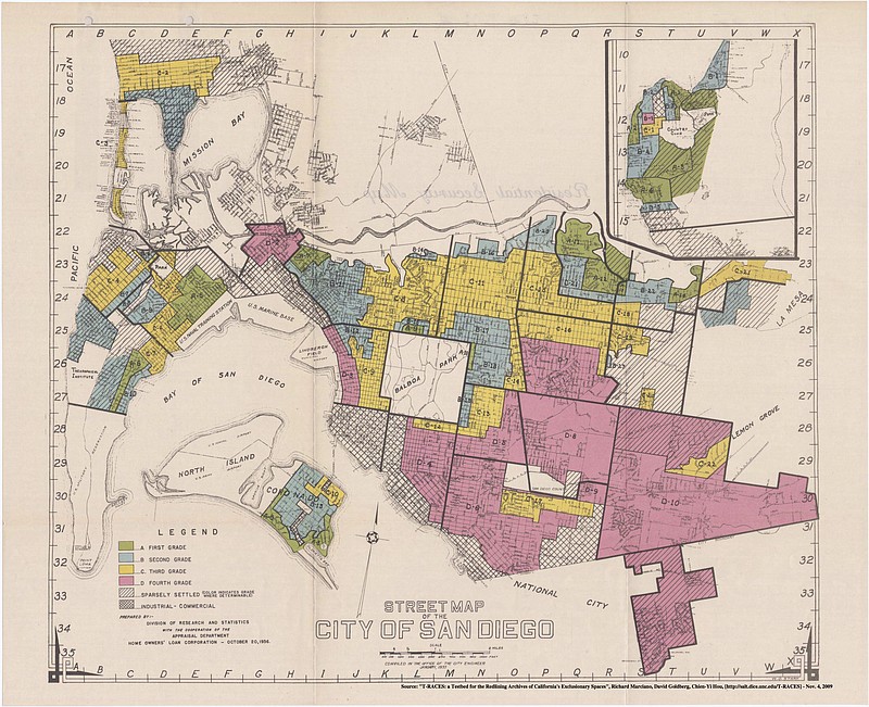A redlining map of San Diego. Many of the areas around downtown are red/yellow, whereas suburbs tend to be blue/green. 